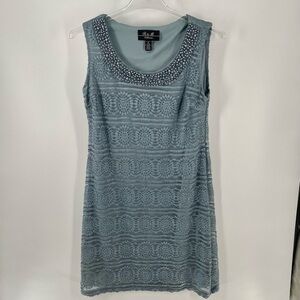 R & M Richards Peacock Blue Silver Lined Lace Overlay Beaded Collar Shift Dress